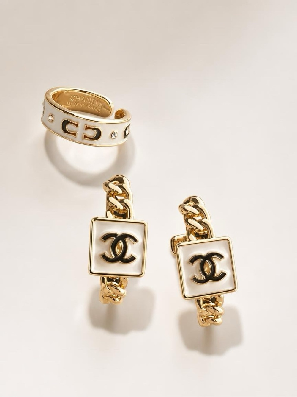 Gold & White CC Chain Drop Hoop Earrings & Cuff Ring